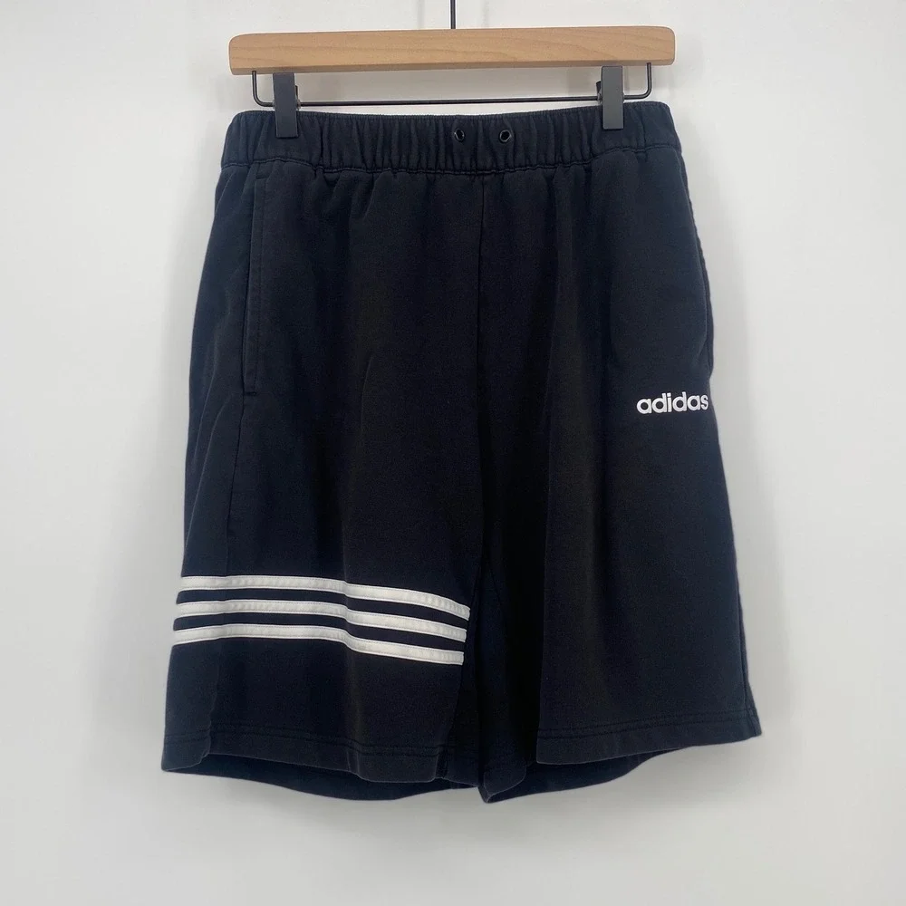 Adidas Shorts Large Black 3-Stripe French Terry Athletic Excellent